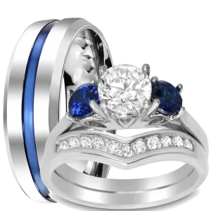 His and Her Wedding Rings Set Matching Simulated Blue Sapphire Silver Steel Couples Rings