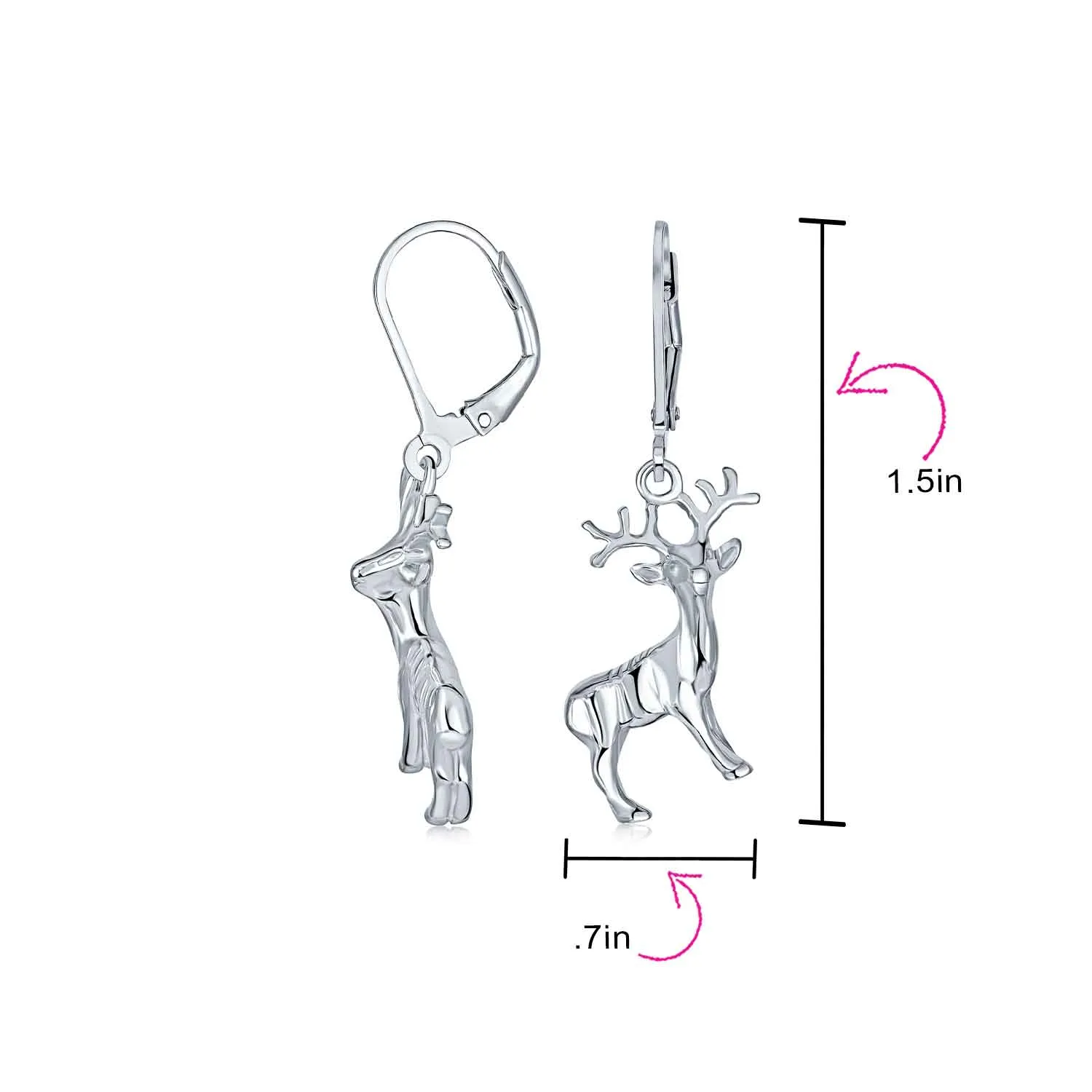 Hunter Christmas Reindeer Dangle Earrings Elk Moose Antelope Design Sterling Silver
