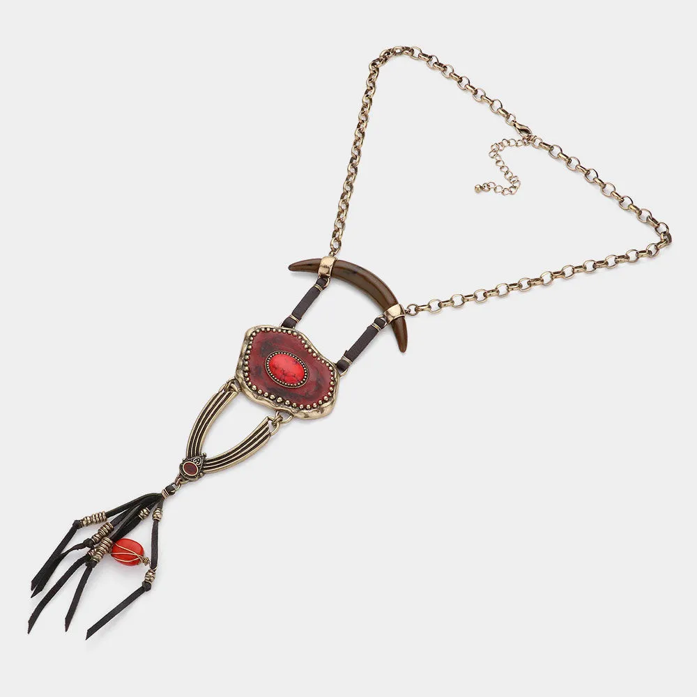 iLLASPARKZ Abstract Double Horn & Faux Leather Tassel Necklace