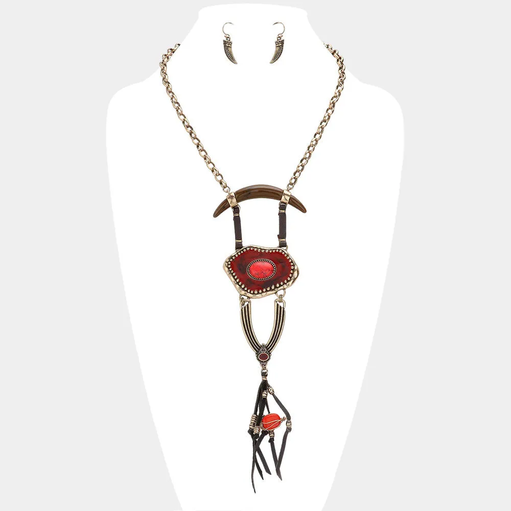 iLLASPARKZ Abstract Double Horn & Faux Leather Tassel Necklace