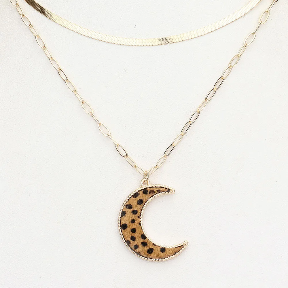 iLLASPARKZ Cheetah Patterned Genuine Leather Crescent Moon Pendant Double Layered Necklace
