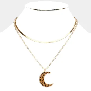 iLLASPARKZ Cheetah Patterned Genuine Leather Crescent Moon Pendant Double Layered Necklace