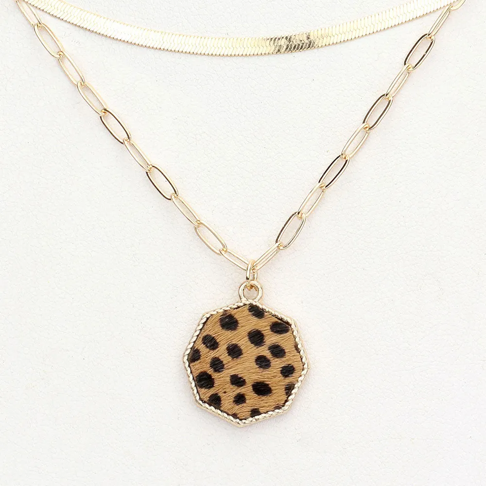 iLLASPARKZ Cheetah Patterned Genuine Leather Octagon Pendant Double Layered Necklace
