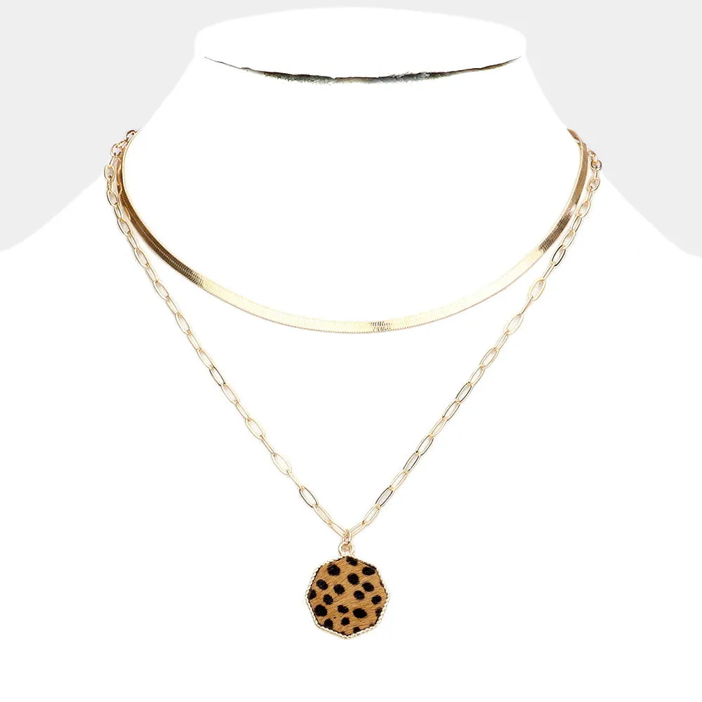 iLLASPARKZ Cheetah Patterned Genuine Leather Octagon Pendant Double Layered Necklace