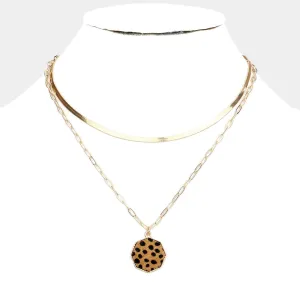 iLLASPARKZ Cheetah Patterned Genuine Leather Octagon Pendant Double Layered Necklace