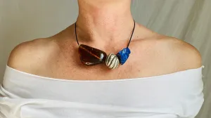 Large Amber, Lapis and Silver on a Leather Cord