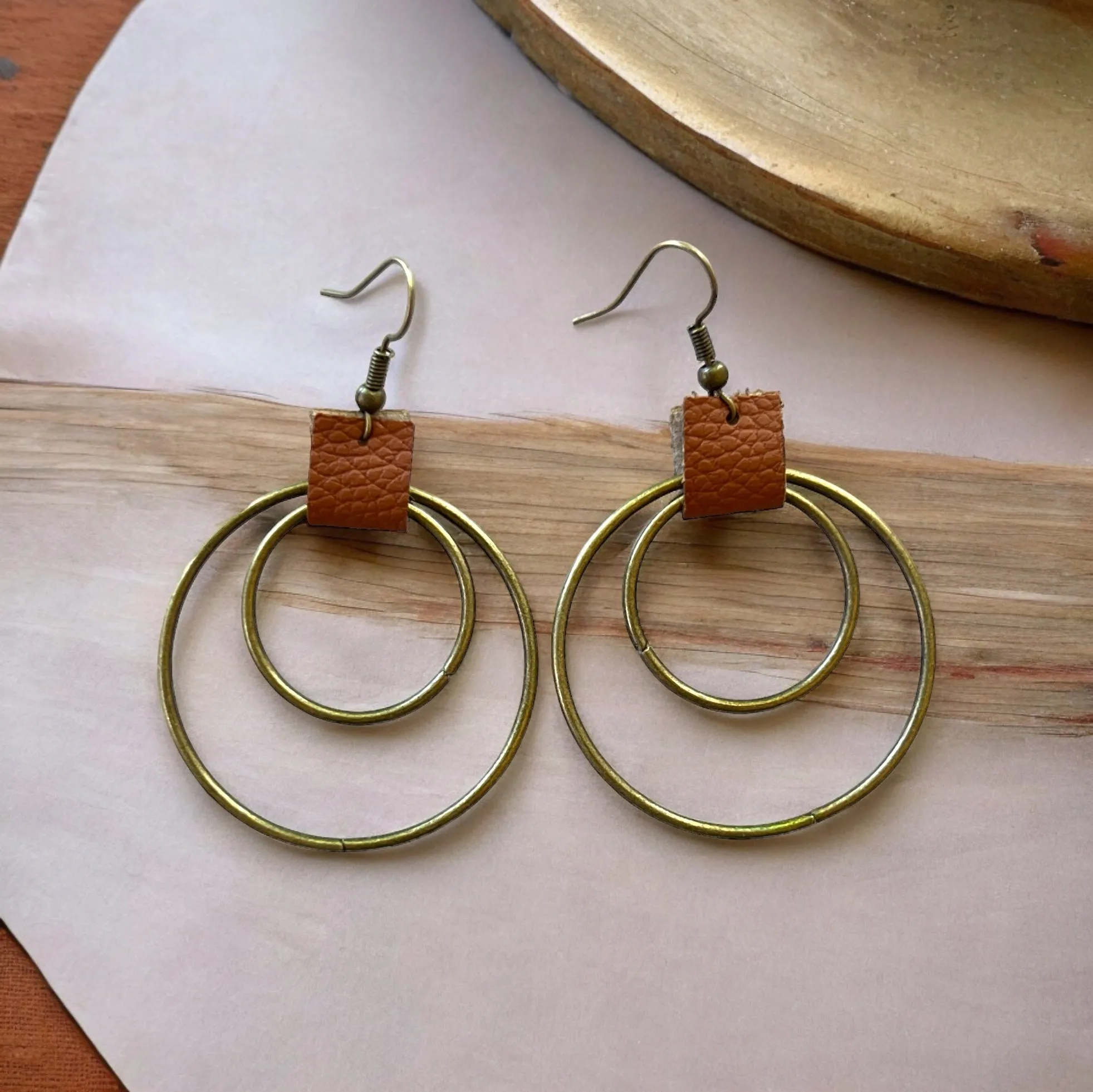 Leather & Brass Double Hoop Earrings: Western Boho Chic Accessories
