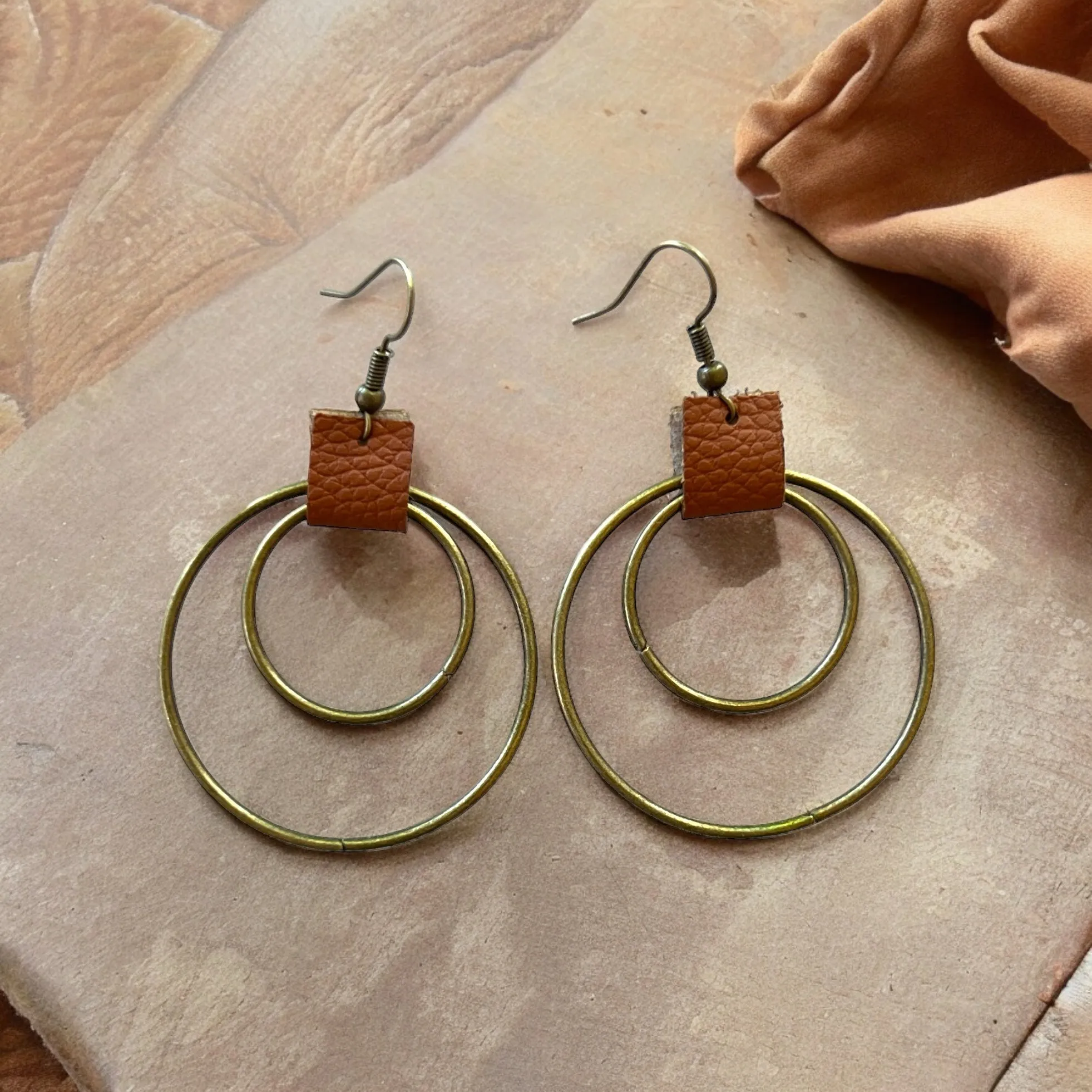 Leather & Brass Double Hoop Earrings: Western Boho Chic Accessories
