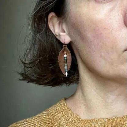 Leather Petal Earrings  - Champagne Beige with Jasper