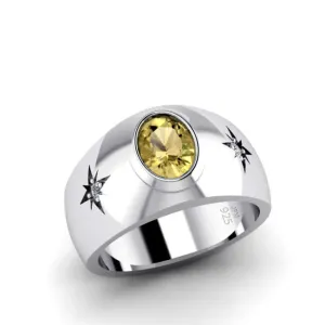 Oval Gemstone Men's Ring 925 Silver Wide Engagement Band