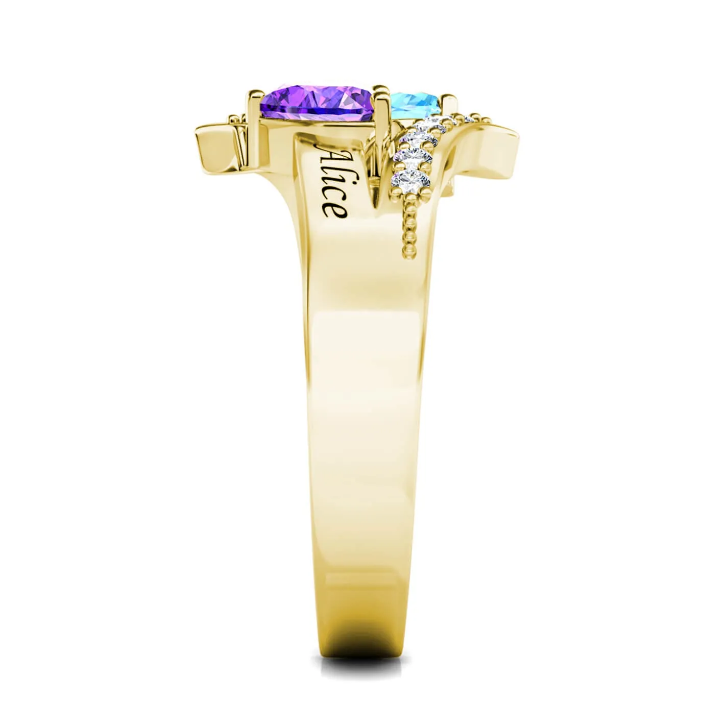 Personalised Name Ring for Her, Name Engraved Ring, Heart Birthstone Ring, Sterling Silver Gold Plated