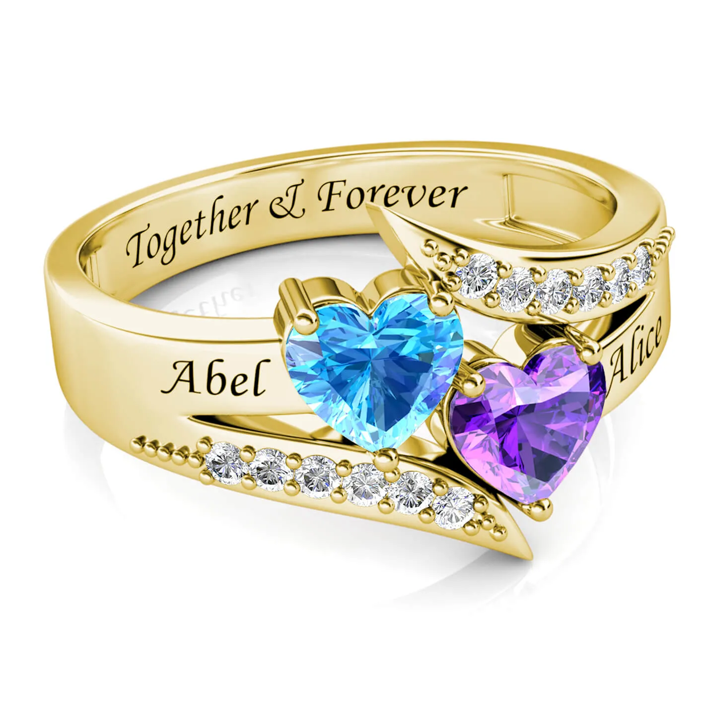 Personalised Name Ring for Her, Name Engraved Ring, Heart Birthstone Ring, Sterling Silver Gold Plated