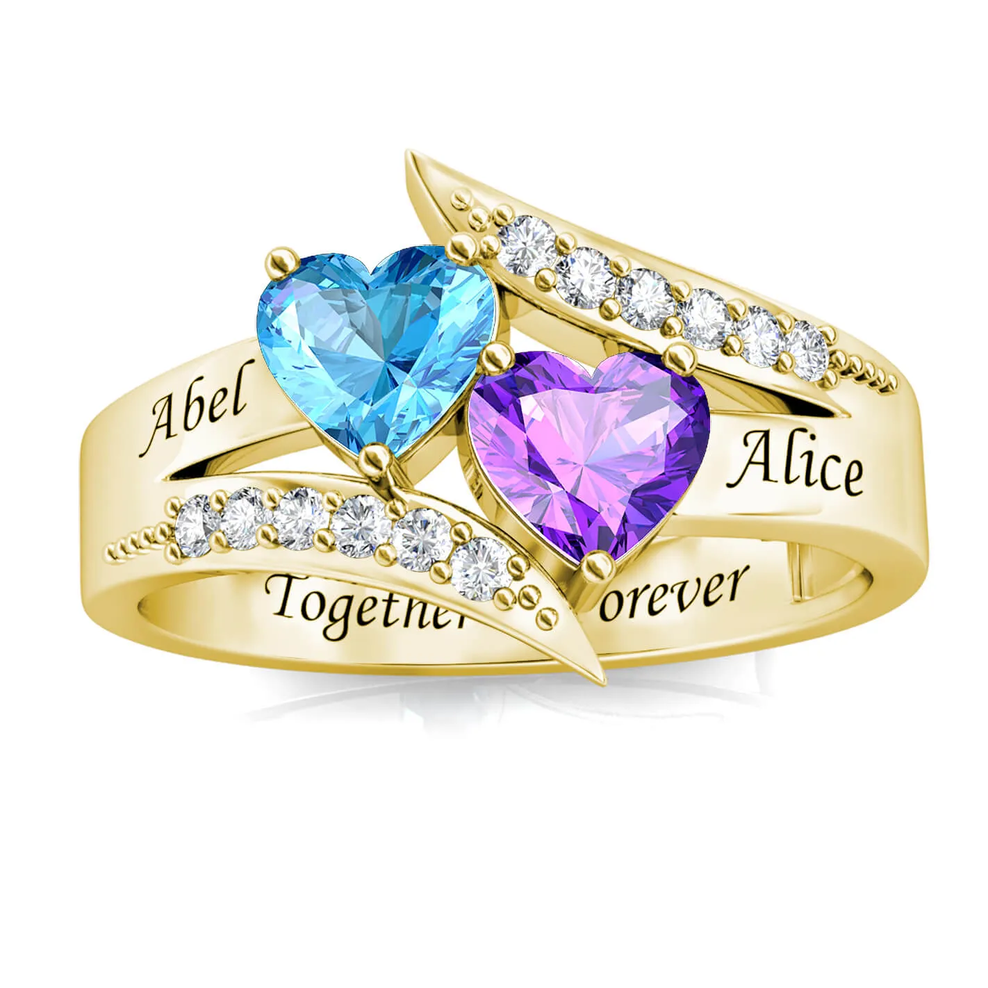 Personalised Name Ring for Her, Name Engraved Ring, Heart Birthstone Ring, Sterling Silver Gold Plated