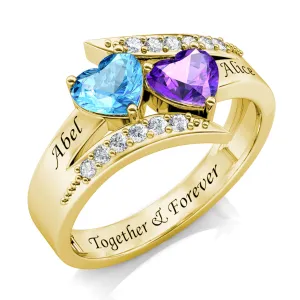Personalised Name Ring for Her, Name Engraved Ring, Heart Birthstone Ring, Sterling Silver Gold Plated