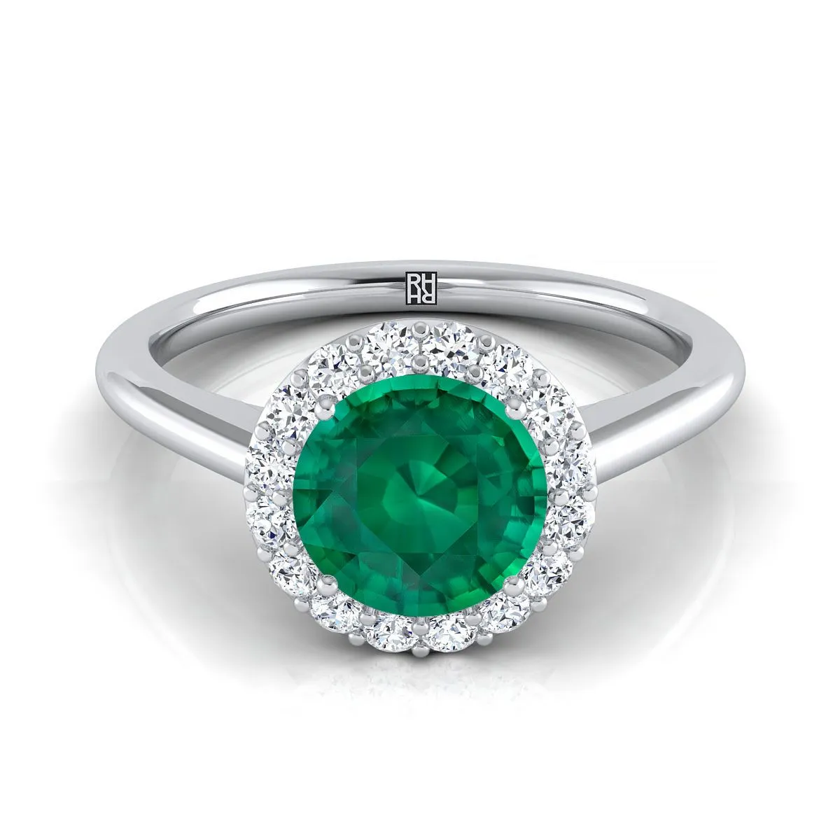 Platinum Round Brilliant Emerald Shared Prong Diamond Halo Engagement Ring -1/5ctw