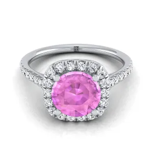 Platinum Round Brilliant Pink Sapphire Simple Prong Set Halo Engagement Ring -1/3ctw