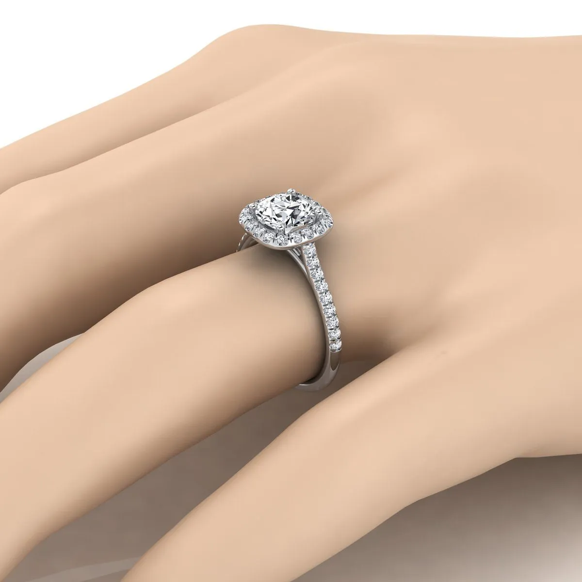 Platinum Round Brilliant Pink Sapphire Simple Prong Set Halo Engagement Ring -1/3ctw