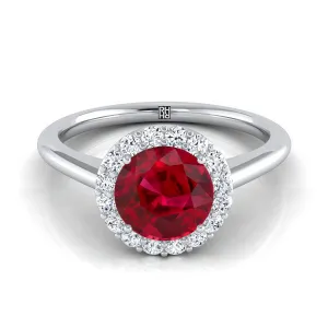 Platinum Round Brilliant Ruby Shared Prong Diamond Halo Engagement Ring -1/5ctw
