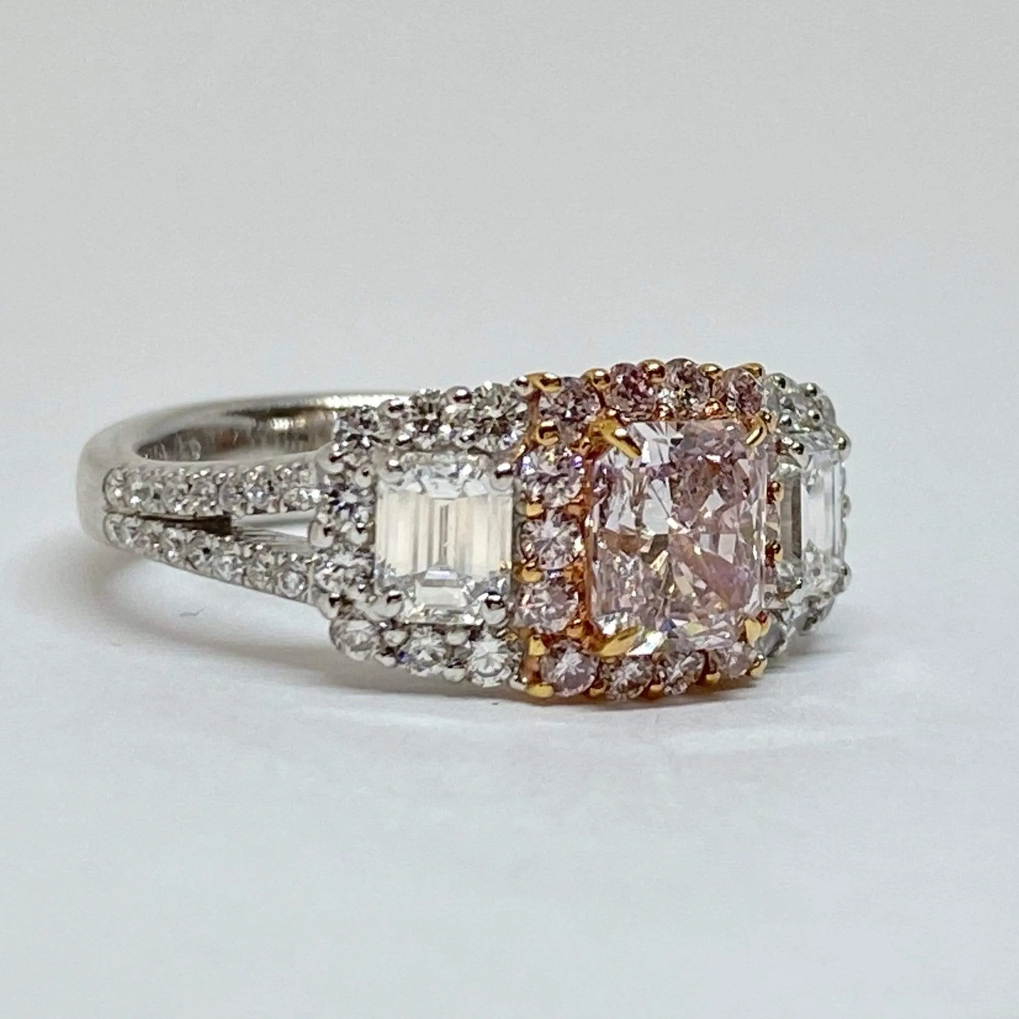 Radiant Fancy Pink Diamond Engagement Three Stone Ring 18 Karat 1.02 CT GIA 5146