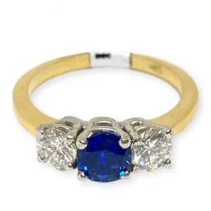 Round Ceylon Blue Sapphire & Diamond Three Stone Ring 14KY .80CT