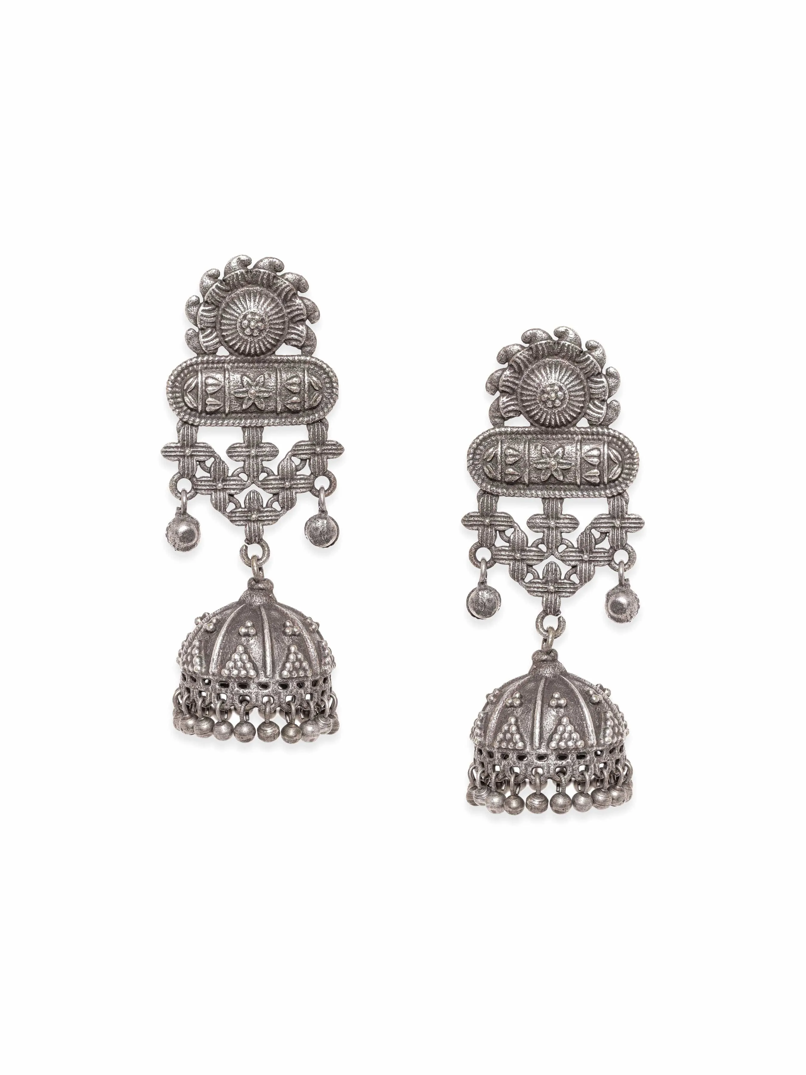 Rubans Whimsical Blooms Oxidized Silver Plated Floral Earrings