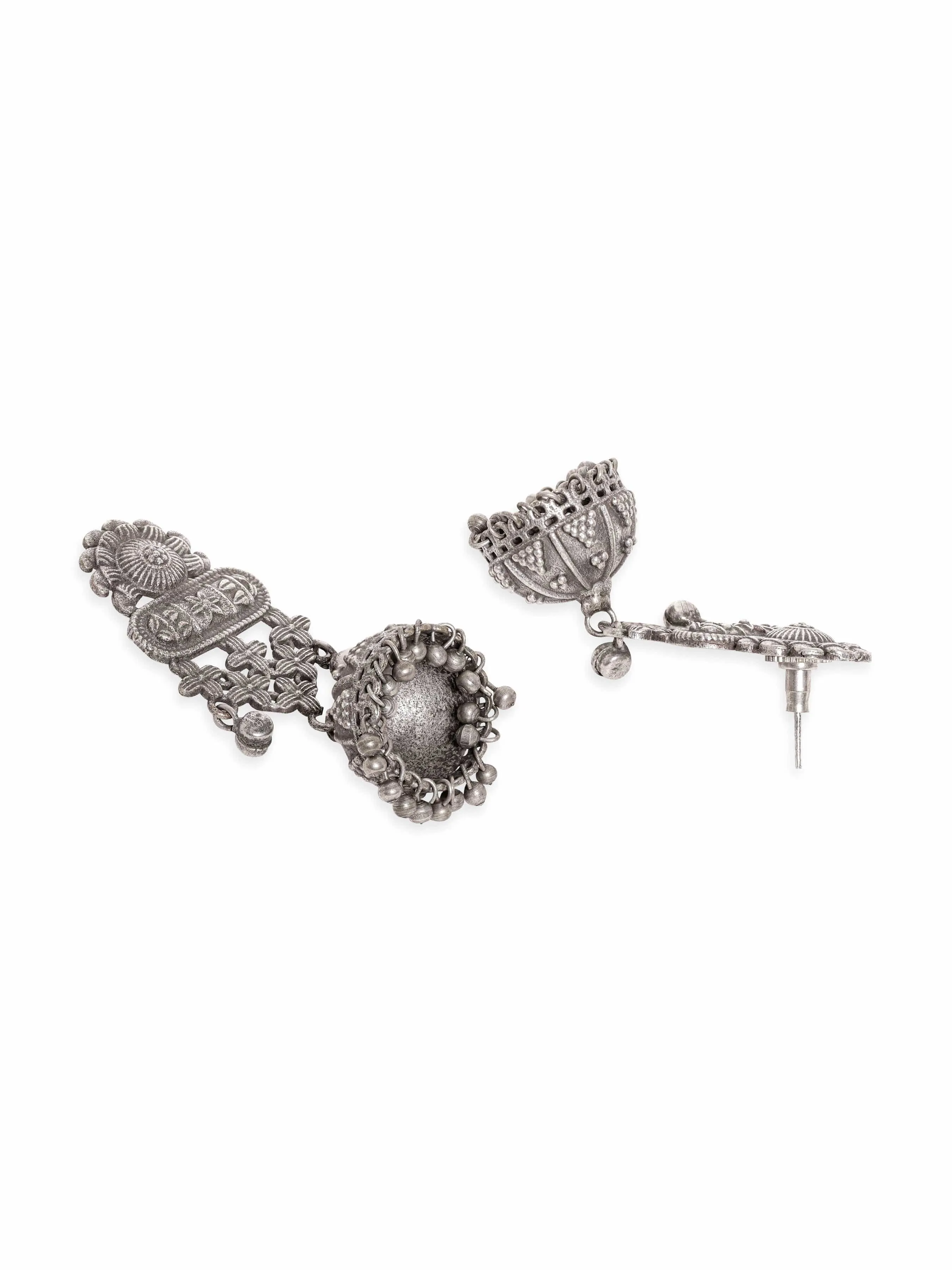 Rubans Whimsical Blooms Oxidized Silver Plated Floral Earrings