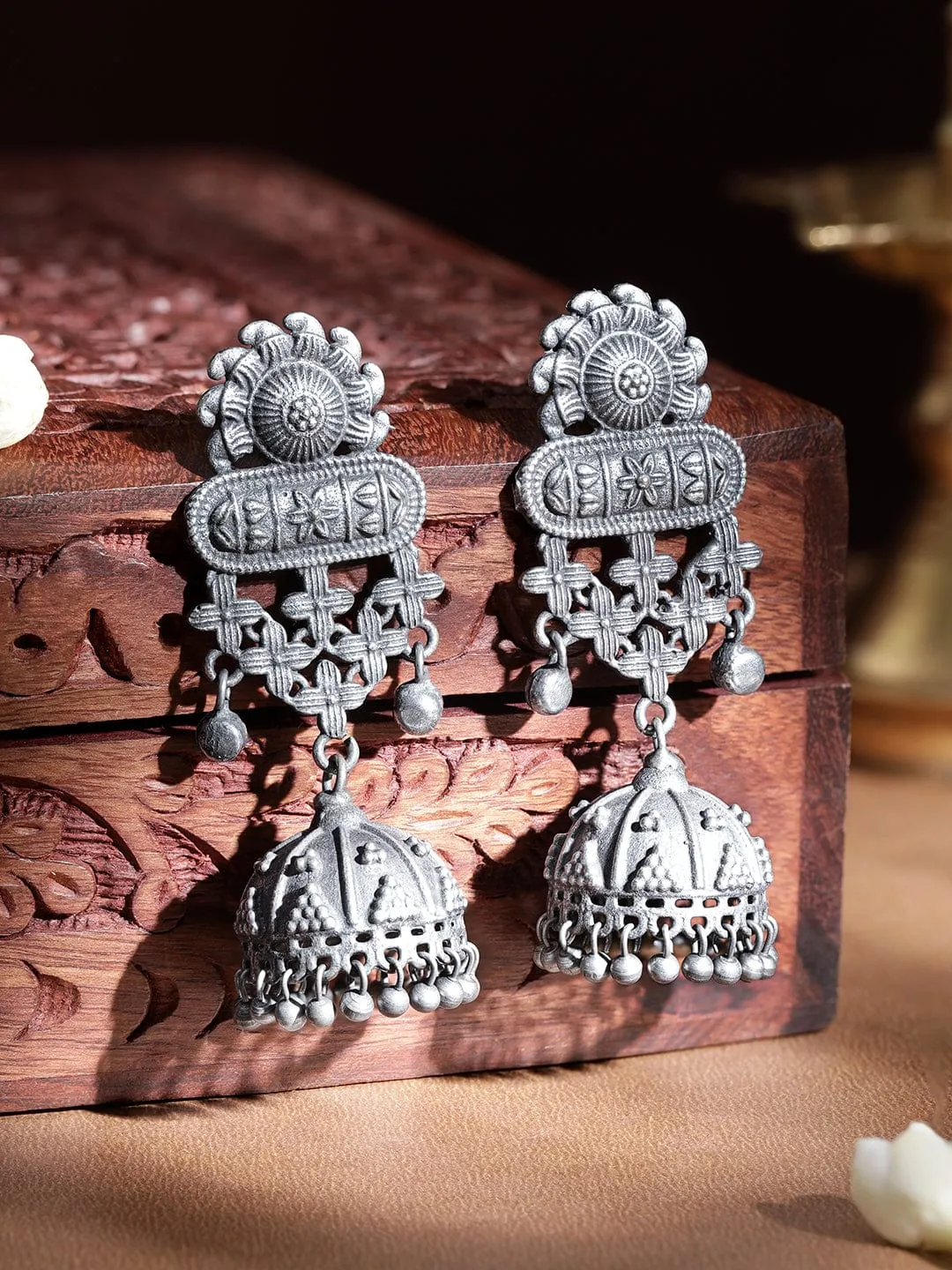 Rubans Whimsical Blooms Oxidized Silver Plated Floral Earrings