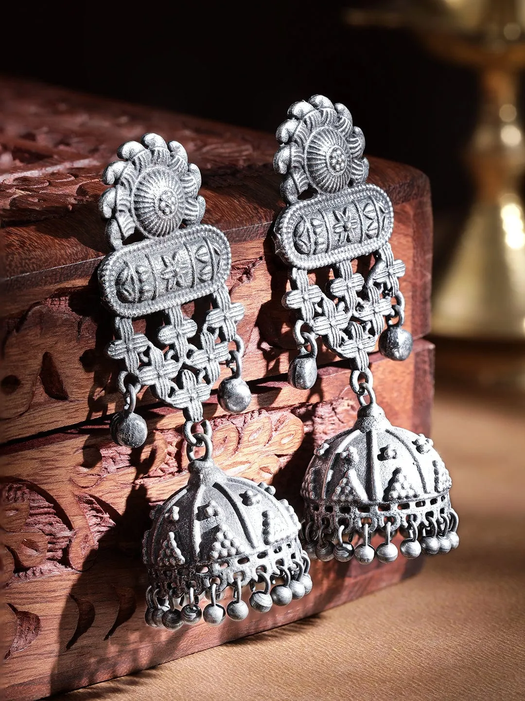 Rubans Whimsical Blooms Oxidized Silver Plated Floral Earrings