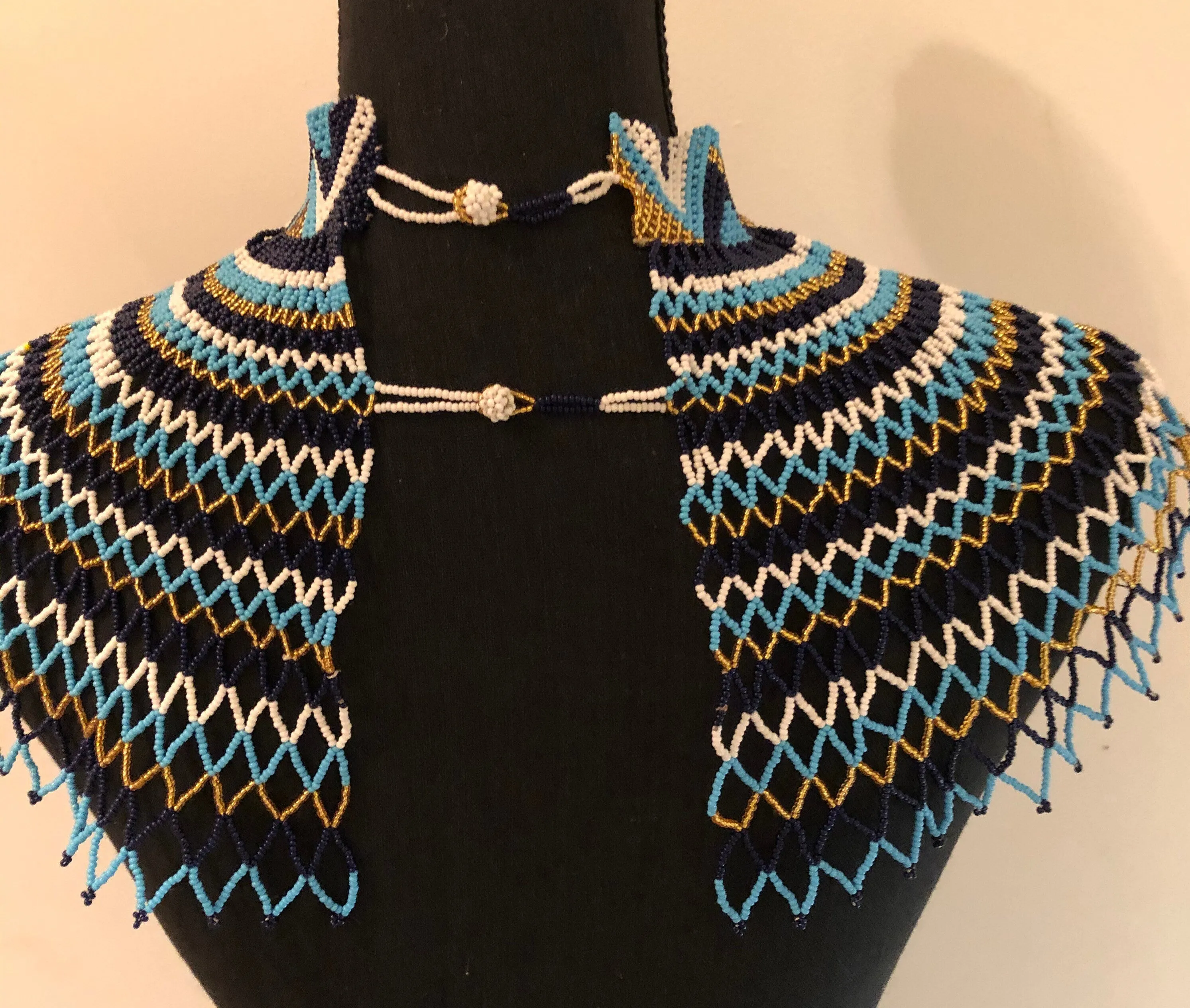 Sheba Shoulder Necklace, Blue and Gold | Handcrafted African Beaded Shoulder Necklace | Tribal & Ethnic | Afrocentric