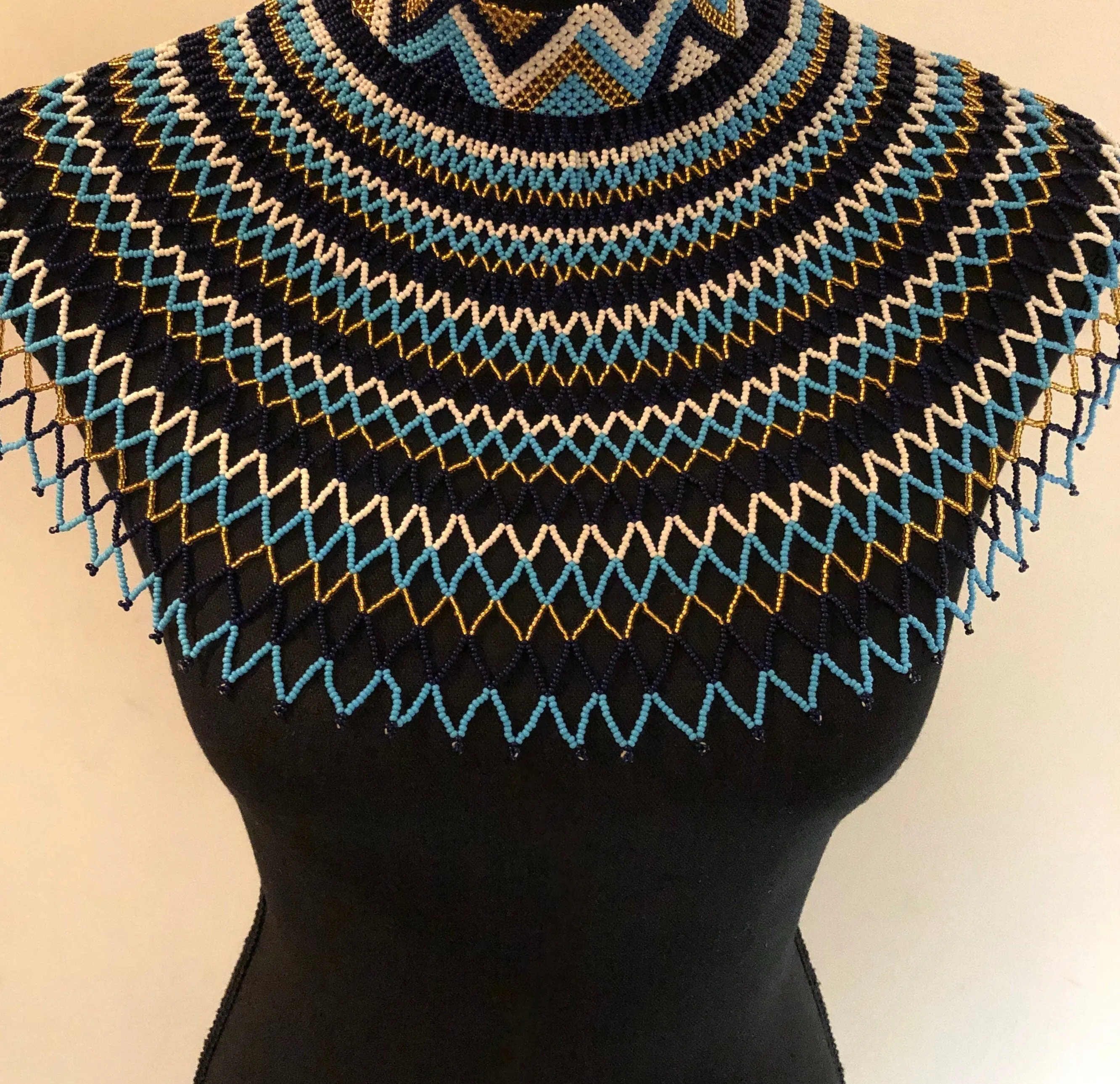 Sheba Shoulder Necklace, Blue and Gold | Handcrafted African Beaded Shoulder Necklace | Tribal & Ethnic | Afrocentric