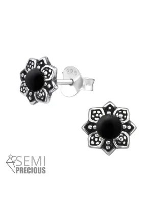 Silver Flower Stud Earrings - Semi Precious Natural Stone Genuine Amethyst Onyx Oxidized