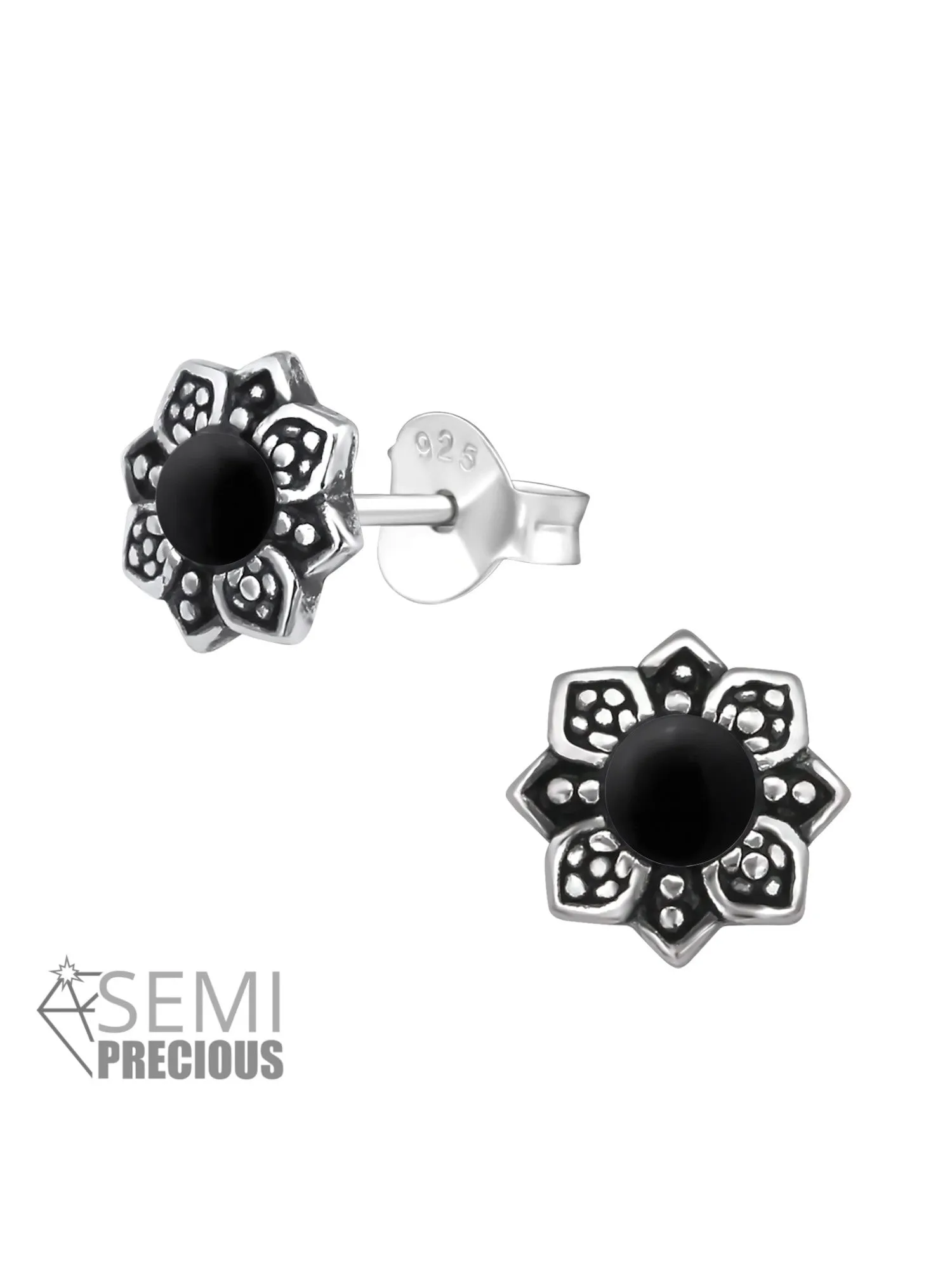 Silver Flower Stud Earrings - Semi Precious Natural Stone Genuine Amethyst Onyx Oxidized