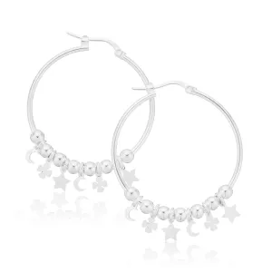 Sterling Silver  30 mm Star Clover Crescent Hoop Earrings