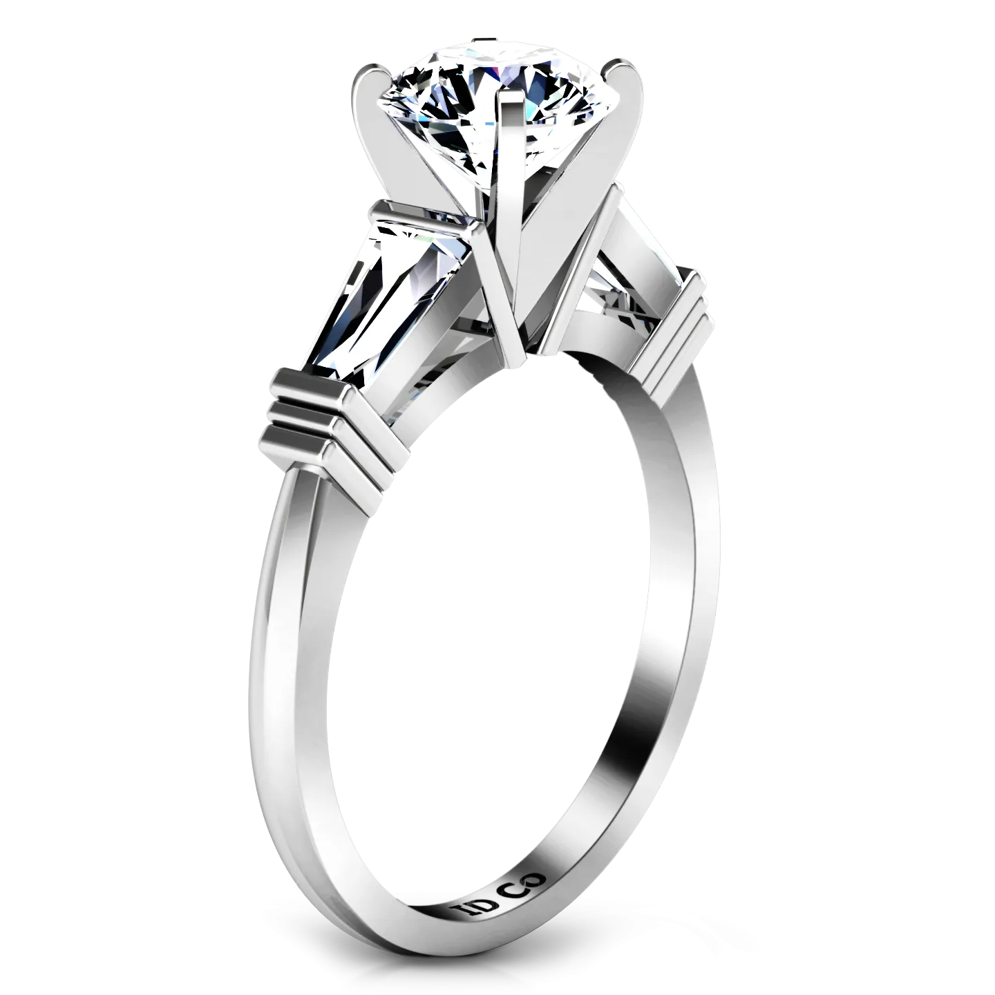 Three Stone Engagement Ring Structural Tapered Baguette 14K White Gold