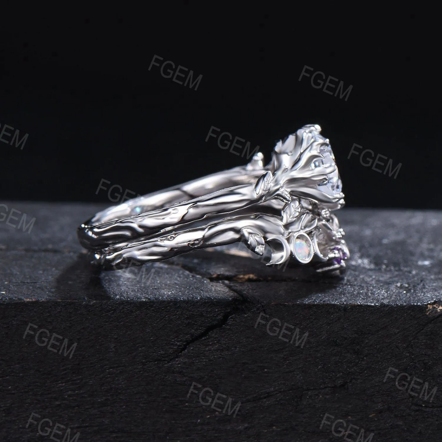 Twig Moissanite Engagement Ring White Gold Nature Inspired 6.5mm Round Moissanite Bridal Set Branch Opal Amethyst Wedding Ring Proposal Gift