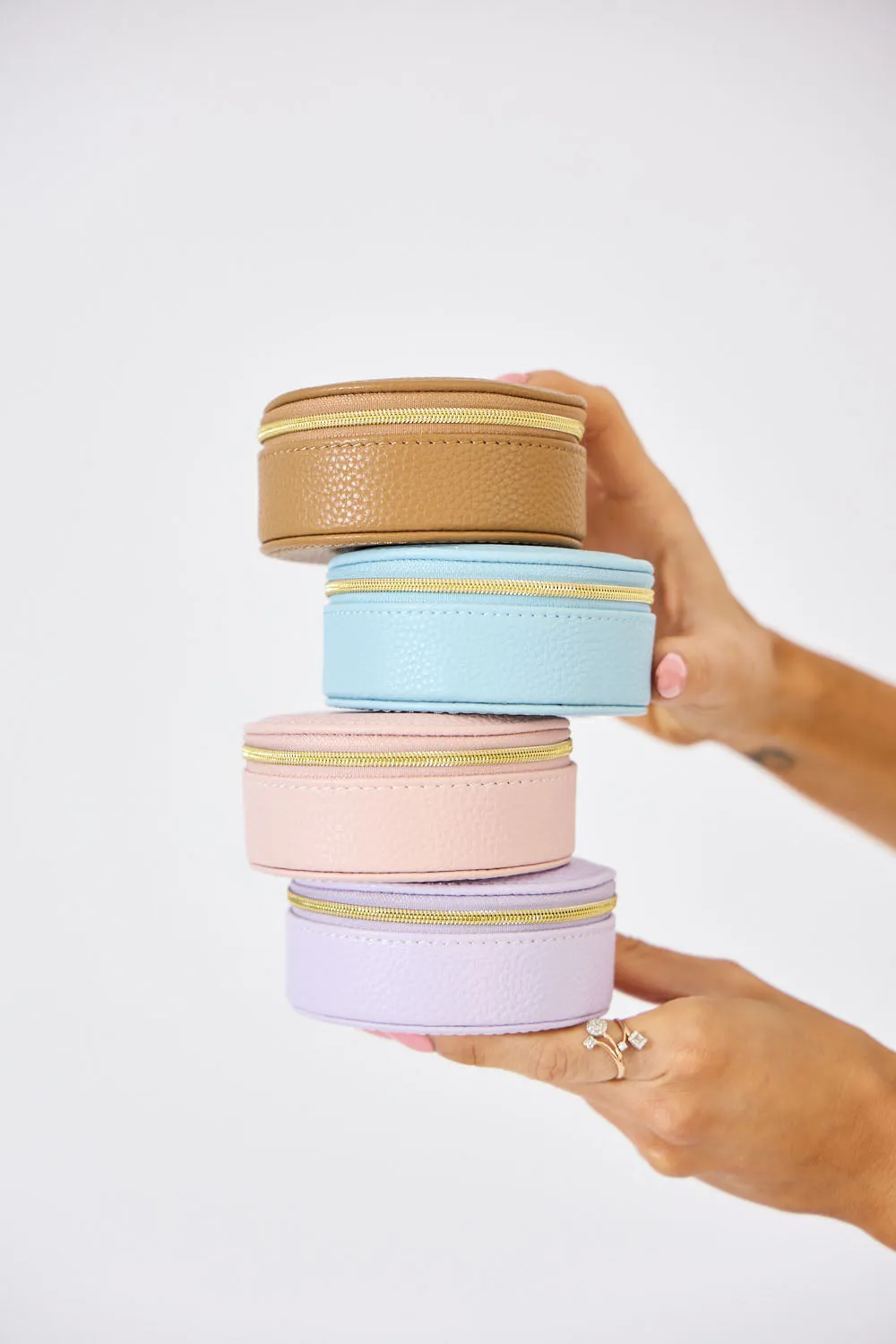 Vegan PU Leather Jewellery Box - Round - Light Blue - Small