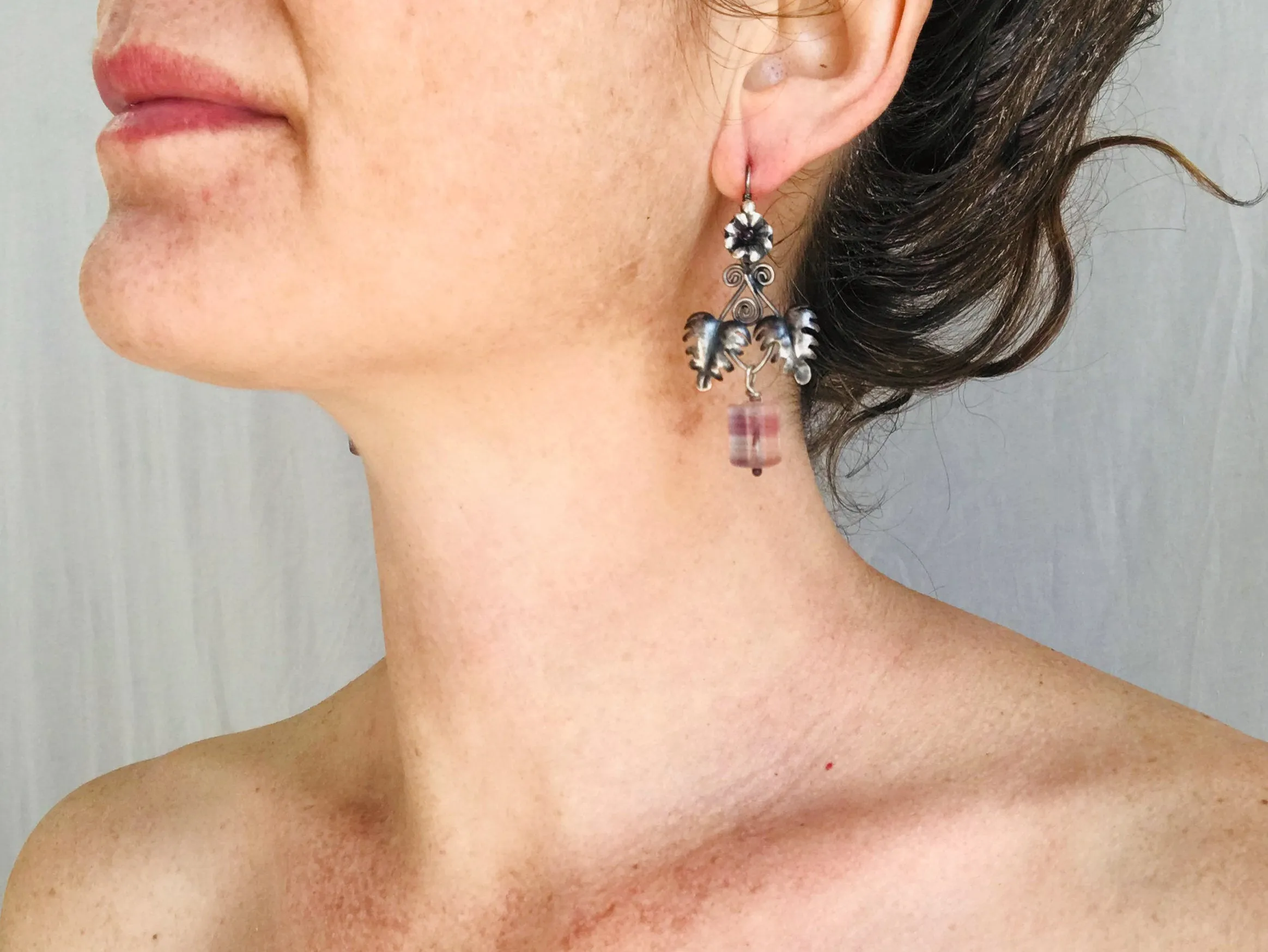 Vintage Oaxacan Silver Earrings. Amethyst. Mexico. Frida Kahlo