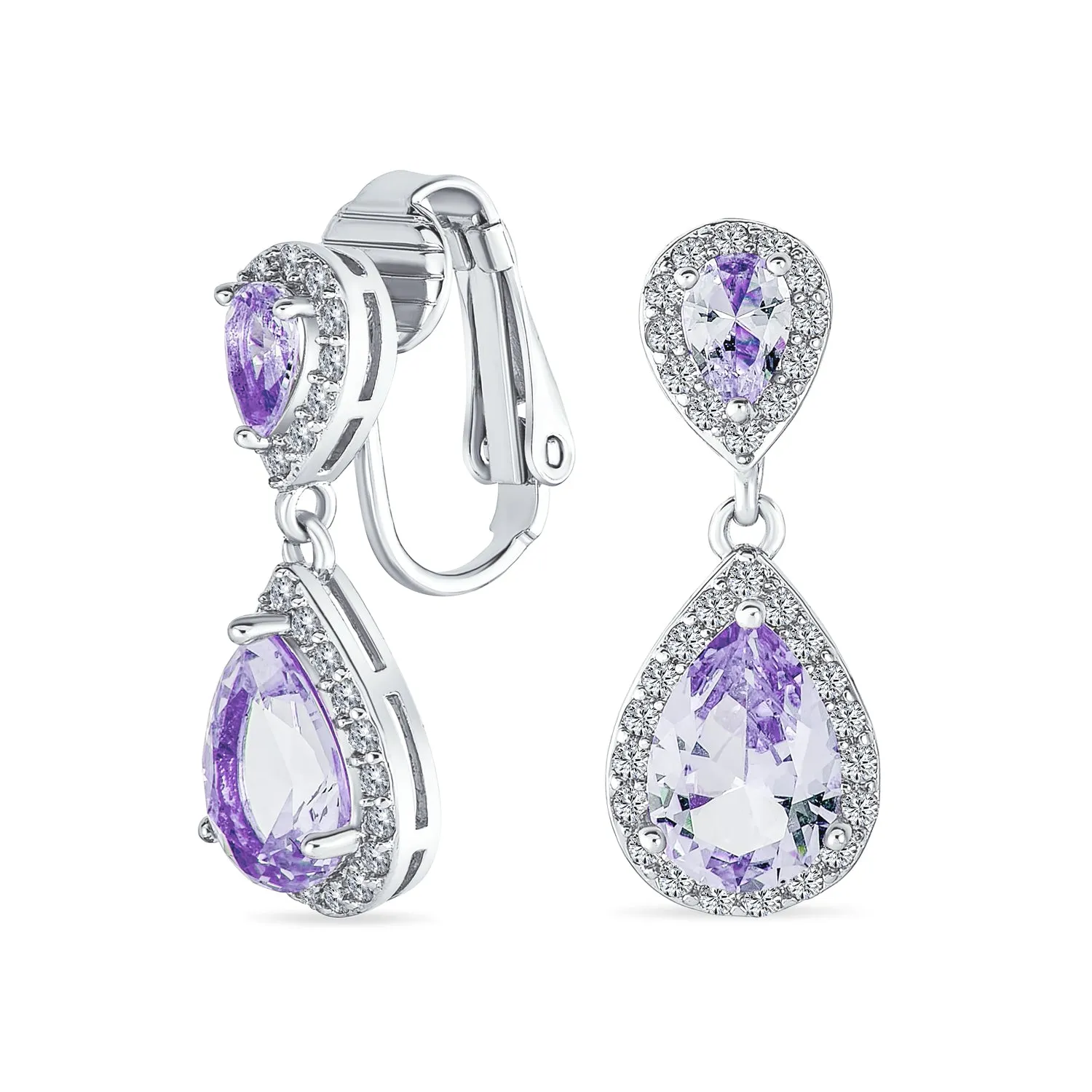 Vintage Style Bridal CZ Halo Dangle Clip-On Earrings SilverRose Gold Plated