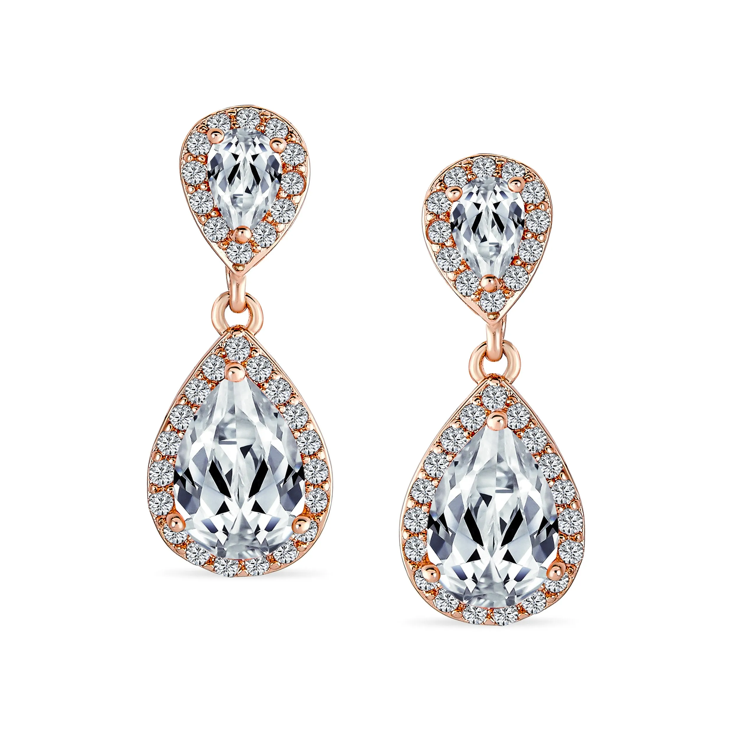 Vintage Style Bridal CZ Halo Dangle Clip-On Earrings SilverRose Gold Plated