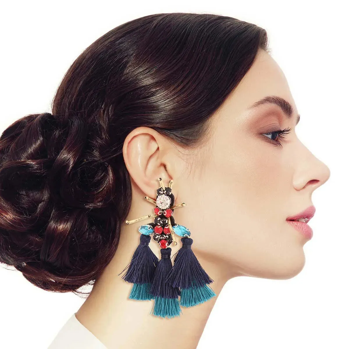 Whimsical Blue Tassel Bee Statement Fashion Earrings