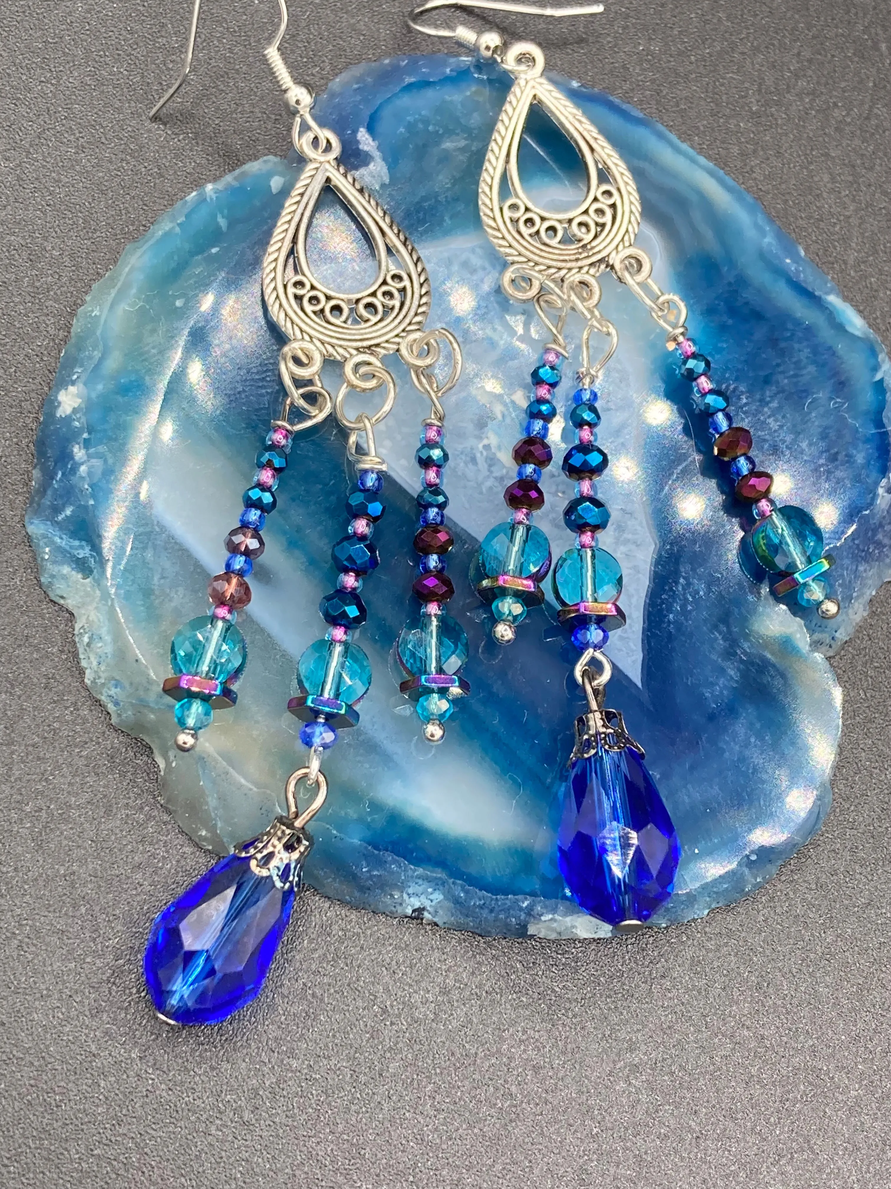 Whimsical Fairy Chandelier Style Beaded Earrings, Hippie, Blue Purple Galaxy Cosmos Inspired, Shabby Chic, Boho Chic, Celestial, Astrology