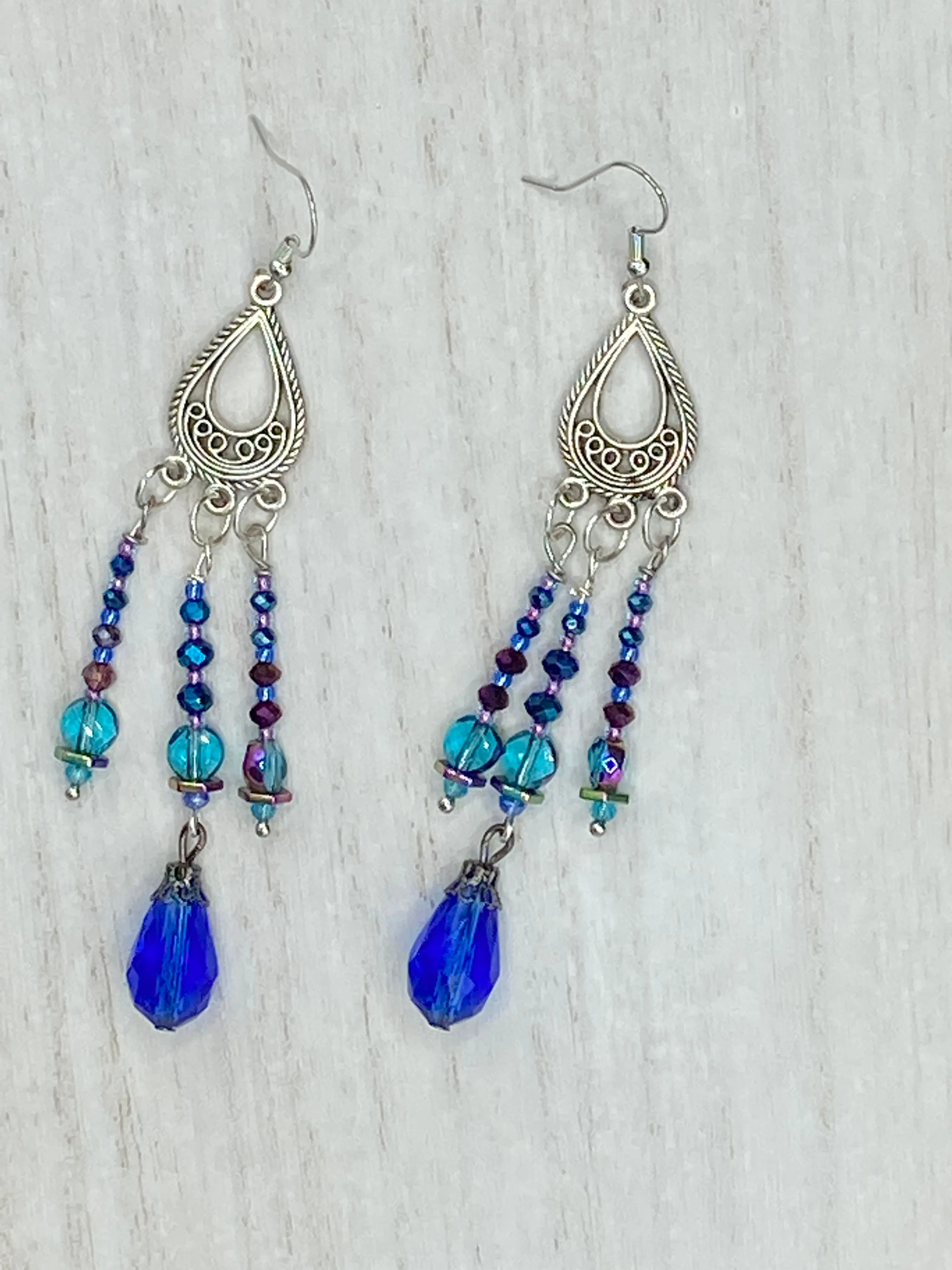 Whimsical Fairy Chandelier Style Beaded Earrings, Hippie, Blue Purple Galaxy Cosmos Inspired, Shabby Chic, Boho Chic, Celestial, Astrology