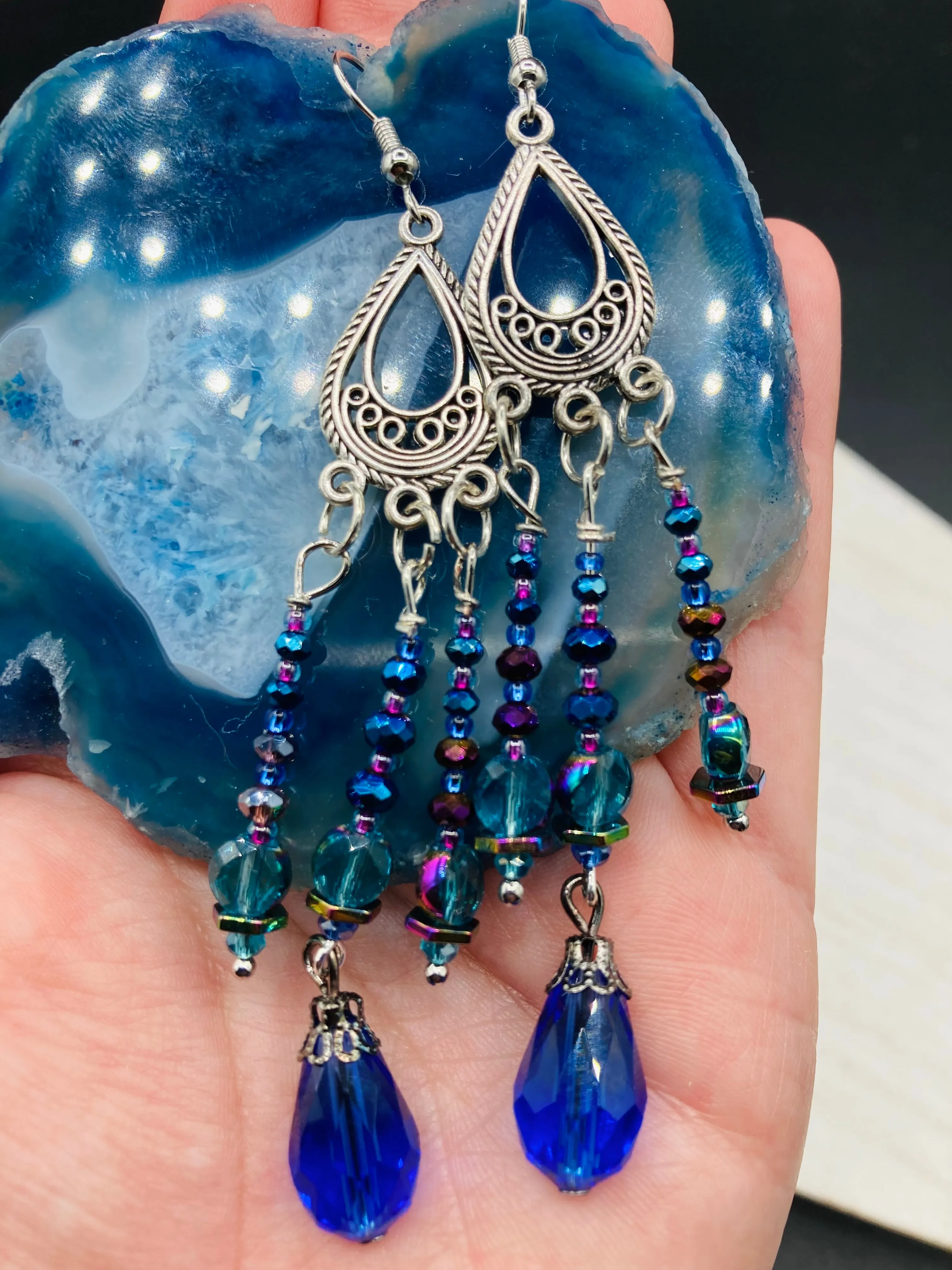 Whimsical Fairy Chandelier Style Beaded Earrings, Hippie, Blue Purple Galaxy Cosmos Inspired, Shabby Chic, Boho Chic, Celestial, Astrology