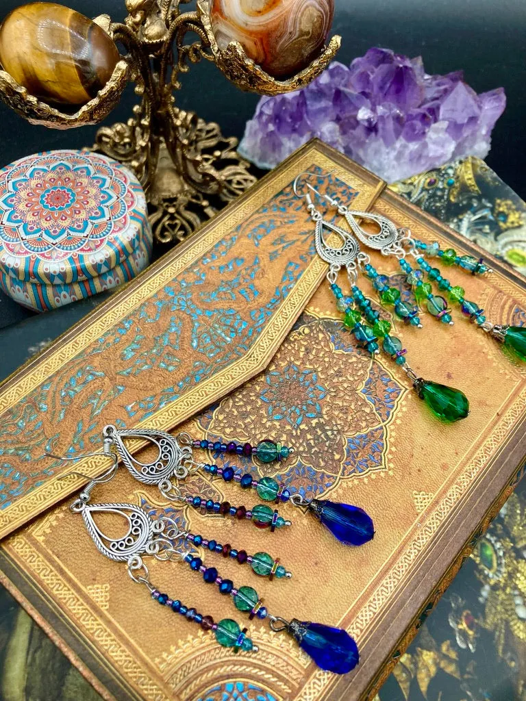 Whimsical Fairy Chandelier Style Beaded Earrings, Hippie, Blue Purple Galaxy Cosmos Inspired, Shabby Chic, Boho Chic, Celestial, Astrology