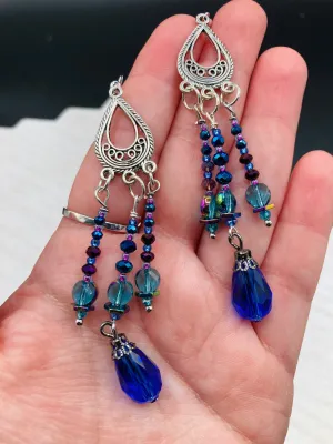 Whimsical Fairy Chandelier Style Beaded Earrings, Hippie, Blue Purple Galaxy Cosmos Inspired, Shabby Chic, Boho Chic, Celestial, Astrology