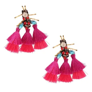 Whimsical Fuchsia Tassel Bee Statement Fashion Earrings