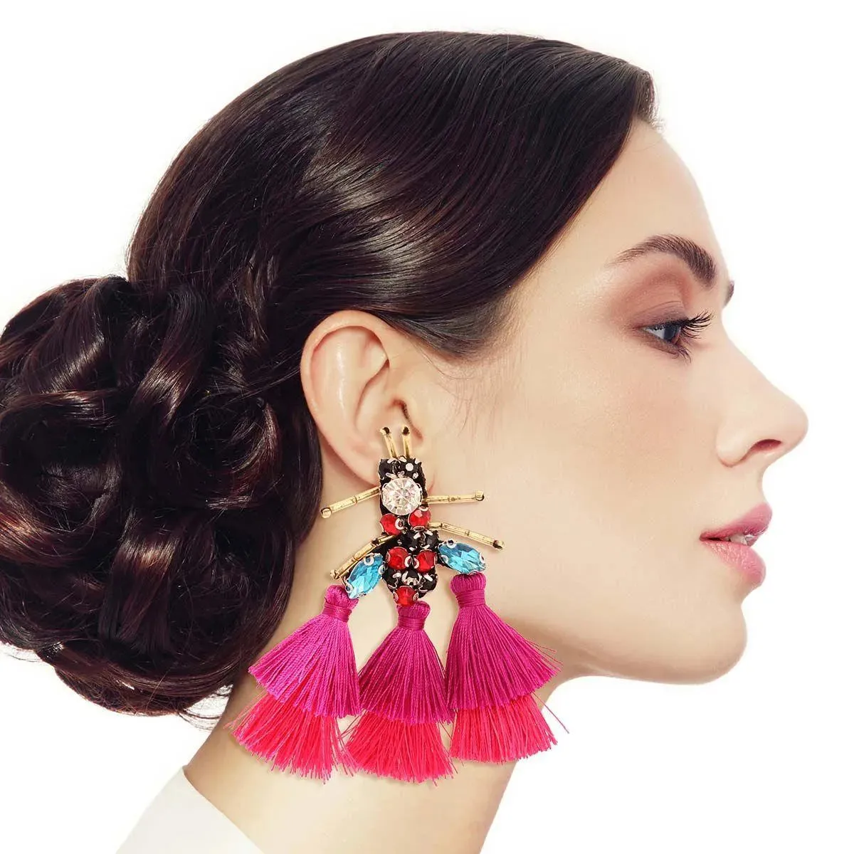 Whimsical Fuchsia Tassel Bee Statement Fashion Earrings