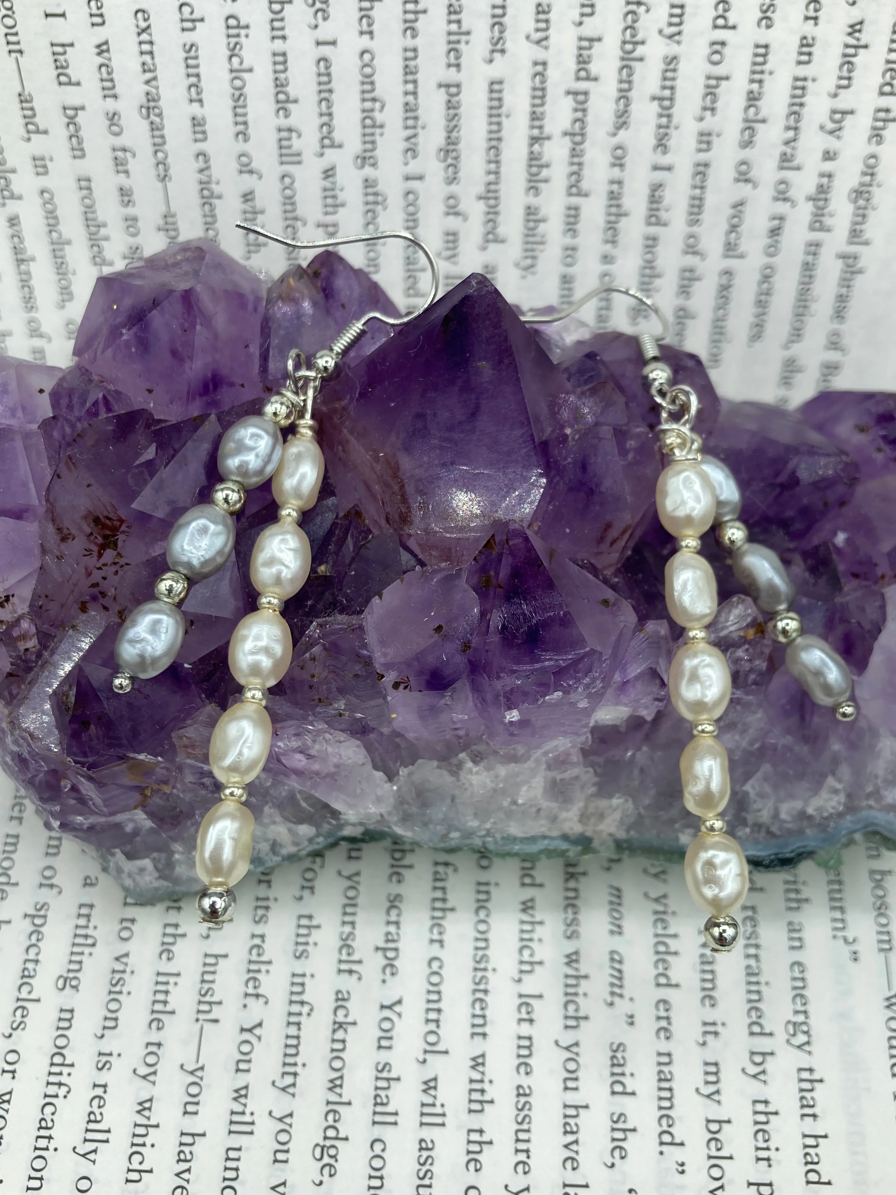 White And Gray Baroque Pearls And Silver Glass Beaded Earrings, Shabby Chic, Boho Chic, Nature Inspired