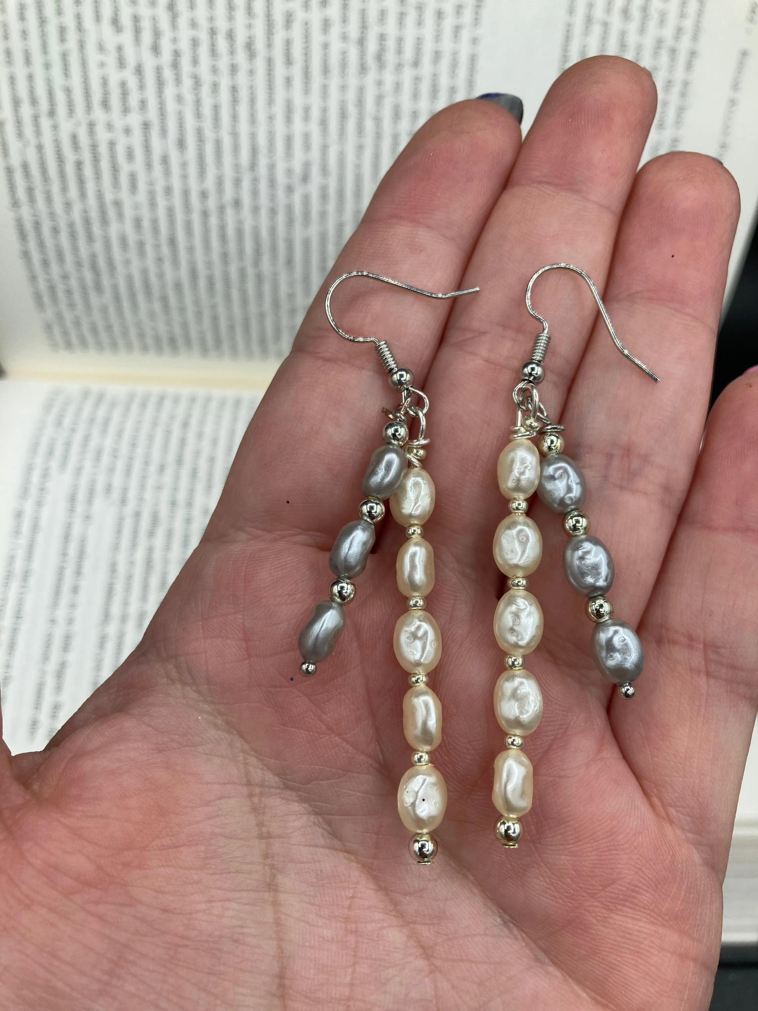 White And Gray Baroque Pearls And Silver Glass Beaded Earrings, Shabby Chic, Boho Chic, Nature Inspired