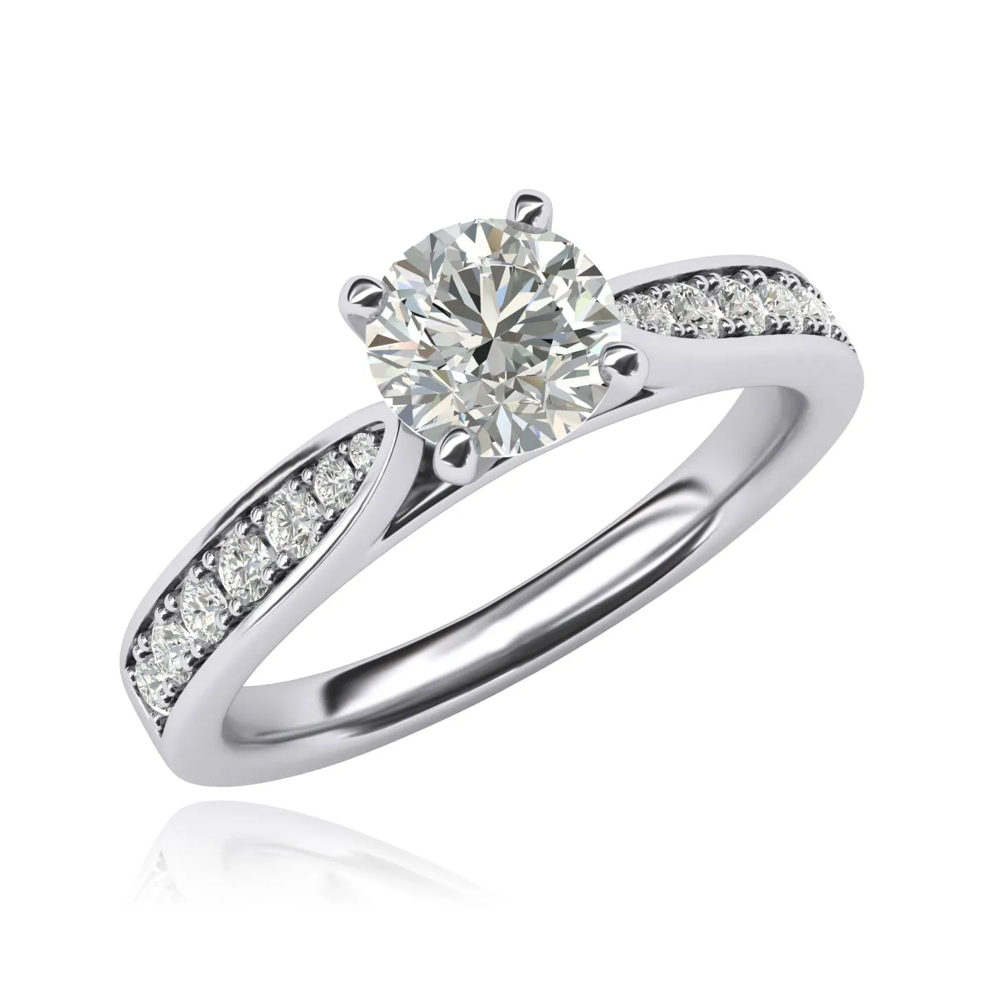 Women's Sterling Silver 1CT Classic 4-Prong Simulated Round Cut Diamond Engagement Ring With Graduated Side Stones